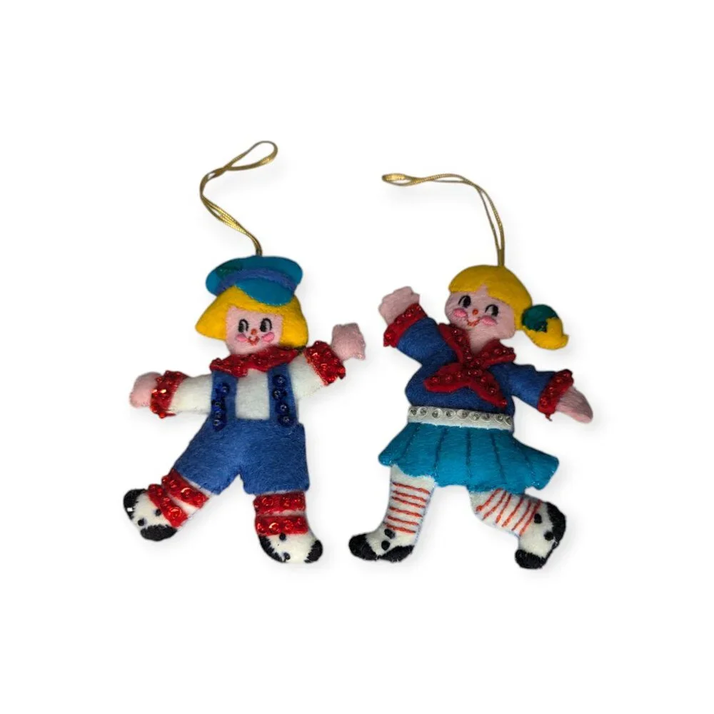 Vintage 1970s Bucilla Felt & Sequin Jack & Jill Ornaments Set of 2
